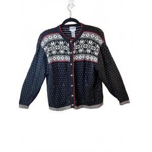 Vintage Koret Petites Black Wool Blend Nordic Christmas Cardigan Sweater Medium